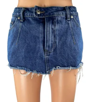 Edikted Women's Blue Frayed Raw Hem Distressed Mini Denin Jeans Skirt Skort Sz L thumbnail 1