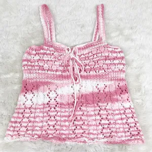 VINTAGE Pink White Handmade Crochet Tank Top Boho Indie Cottagecore Size‎ L XL thumbnail 3