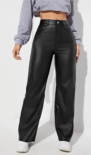 SHEIN Black Faux Leather Wide-Leg Jeans thumbnail 1