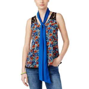 NWT Belle Du Jour Printed Lace Hem Tank Top Blouse With Scarf Blue / Multi M thumbnail 2