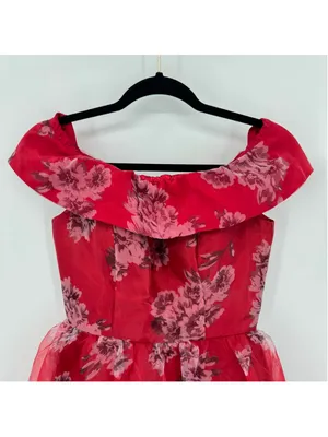 Chi Chi Red Dress Gray Floral Mini Skirt Midi Sheer Overlay Off Shoulder Size 4 thumbnail 2