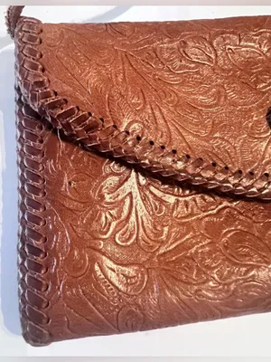 Hand-Tooled Leather Crossbody Purse Hand Made Floral Embossed Stitched Cognac thumbnail 4