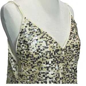 Goldie Twilight Camisole Top Womens M Silver Cream Sequin Sparkles‎ Shimmer Glam thumbnail 4