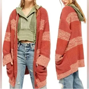 Free People Southport Beach Cardigan Sweater Pink Stripe Boho XS thumbnail 2