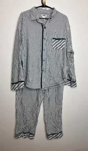 PINK Pajama Set Womens XL Green White Striped Excellent Velvet Trim Cotton Blend thumbnail 1