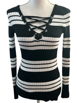 New Look Black & White Striped Lace-Up Ribbed Top thumbnail 1