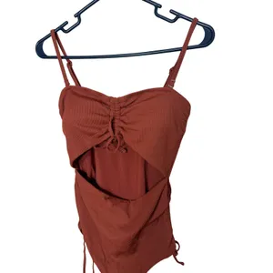 Aerie Womens Ribbed Cutout One Piece Swimsuit Rust Brown Ruched Medium thumbnail 2