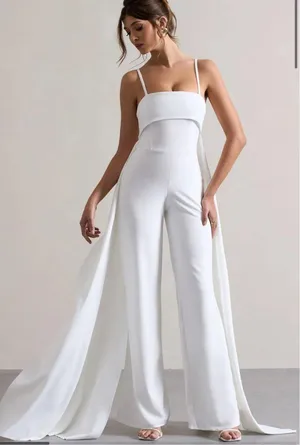 Club L London WHITE BANDEAU WIDE-LEG JUMPSUIT WITH CAPE thumbnail 1