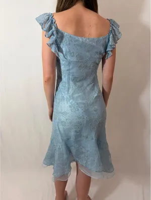 Light Blue Rose Floral Velvet Ruffle Japanese Vintage Formal Coquette Dress thumbnail 6
