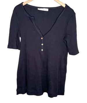 Free People Beach Ribbed Black Over Sized Henley Top Size Med coastal thumbnail 1