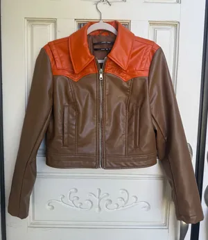 Silence + Noise Brown Faux Leather Western Cropped Moto‎ Jacket Size Medium thumbnail 1