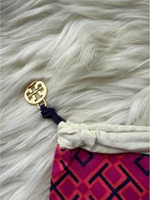 Tory Burch Drawstring Canvas Pouch with Pink and Purple Geometric Trim thumbnail 4