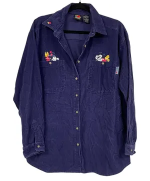 Vintage Disney Blue Corduroy Mickey & Minnie Embroidered Butterfly Down Shirt M thumbnail 1