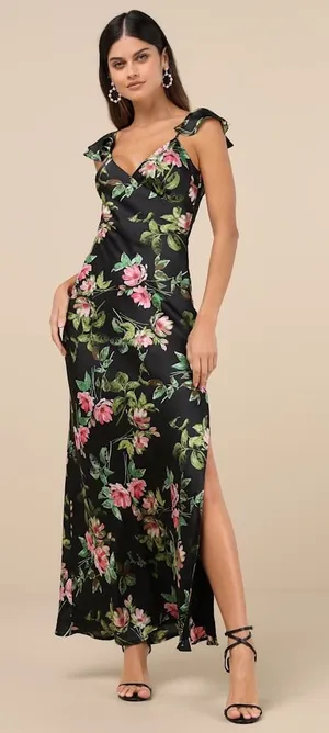 NWT Lulus Captivating Grace Black Floral Satin Ruffled Maxi Dress Cruise Gala S thumbnail 1