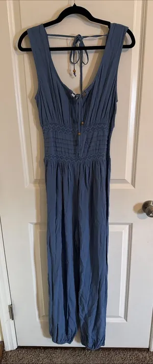 Earthbound Trading Company Boho Style Smocked Jumpsuit Slate Blue Size Small thumbnail 1