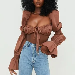 House of CB Molly Shirred Top XS Chocolate Puff Sleeve Romantic Cottagecore Sexy thumbnail 2