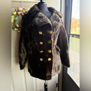 Vintage faux fur gold double button coat, size medium large Brown thumbnail 2