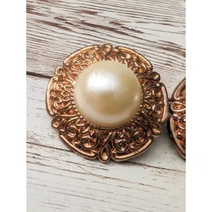 Vintage Clip On Earrings - Light Copper Tone Halo with Faux Pearl Large thumbnail 4