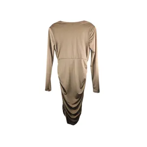SHEIN BAE Long Sleeve Ruched Deep‎ V Midi Dress – Size L – Tan/Khaki thumbnail 5