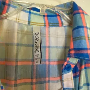 RNB Womens Button Down Flannel Shirt 3X 3XL Plaid Blue Peach Black Lace Back thumbnail 3