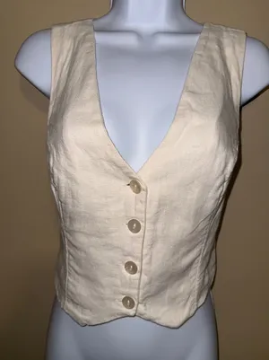 Abercrombie‎ & Fitch Cream Linen Cross Back Tailored Vest S Minimalist thumbnail 1