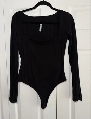 Free People Intimately Square Neck Bodysuit Womens Size M Black Ribbed Knit Long thumbnail 1