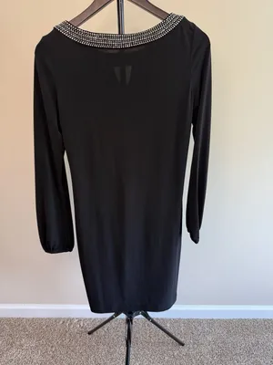 Calvin Klein‎ Black Long Sleeve Dress with Rhinestone Collar and Keyhole Detail thumbnail 3