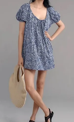 Maeve Anthropologie Floral Scoop Neck Mini Swing Dress Pockets Puff Sleeve Boho thumbnail 1