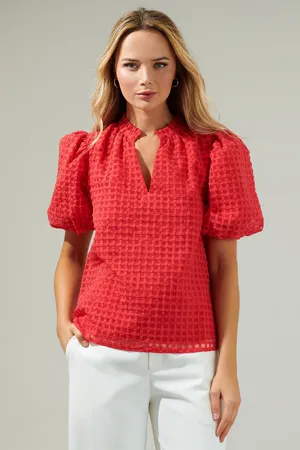 Sugarlips Gretna Organza Check Puff Sleeve Blouse Red M thumbnail 1