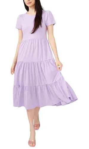 NWT Riley & Rae Lacey Crew Neck Tiered Puff-Sleeve Midi Dress Lilac Purple S thumbnail 1