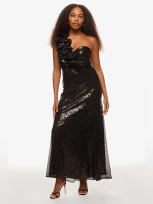Mac Duggal Black Sequin Ruffled One Shoulder Gown Size 4 thumbnail 2