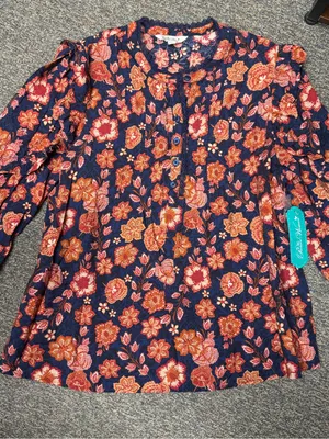 The Pioneer Woman XL Floral Pleated Ruffle Henley Blouse Boho NWT thumbnail 6