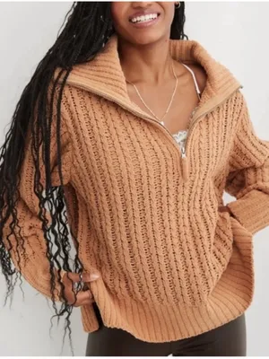 Aerie Cable Car Knit Quarter Zip Pullover Sweater Warm Camel size Medium $98 thumbnail 1