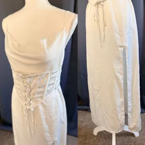 MESHKI‎ White Cowl Neck Lace Up Corset Midi Dress Side Slit Large thumbnail 2