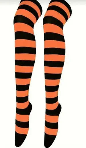 Halloween Orange & Black Striped Thigh-High Socks Costume Over-The-Knee thumbnail 1