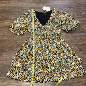 NWT Plunge Smocked Cotton Floral Mini Dress Yellow Black Blue XS thumbnail 11