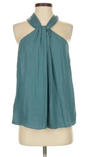 Loft Sleeveless Blouse Blue Green Knot Keyhole Twist‎ High Neck thumbnail 1
