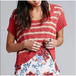 Free People Sweater Womens S Orange White Striped Crop Boxy Cap Sleeve‎ Beachy thumbnail 1