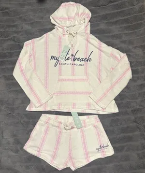 Saltwater Myrtle Beach Pink Stripe Hoodie Shorts Set Medium thumbnail 3