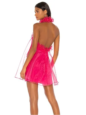 Lovers + Friends Capri Mini Dress Size S Hot Pink Halter Babydoll Organza Party thumbnail 2