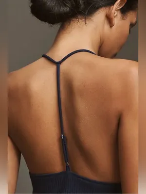 Maeve Ribbed Halter Tank in Navy with Silver Hardware thumbnail 3