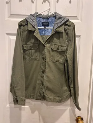 American Eagle Womens Large Olive Green Utility‎ Field Jacket Grey Jersey Hood L thumbnail 1
