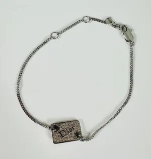 Dior Silver Tone Crystal Heart Plaque Chain Charm Bracelet Red Enamel Logo thumbnail 1