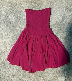 Garage Strapless Smocked Skater Dress Romper in Deep Magenta with Shirred Top thumbnail 1