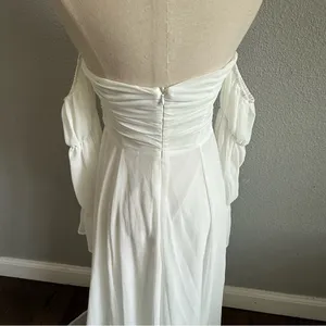 White Off Shoulder Flounce Sleeve Ruched‎ Chiffon Maxi Dress Size Small thumbnail 7