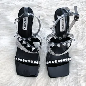 Steve Madden Lightning Rhinestone Stud Heels Black Y2K Sandals thumbnail 5