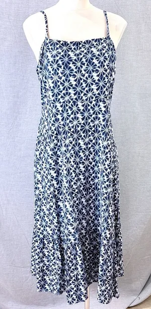 GAP Navy‎ Blue Geometric Print Smocked Waist Tiered Maxi Dress Size 14 thumbnail 1