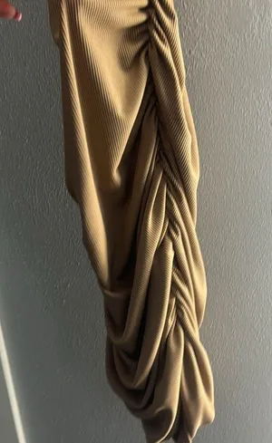 Tan long form fitting dress thumbnail 2