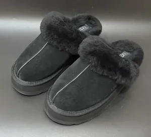 UGG Disquette Black Suede Leather Plush Sheepskin Platform Slippers Size 8 thumbnail 1