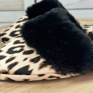 Victorias Secret Leopard Print Faux Fur Trim Satin Slippers‎ Tan Black Medium thumbnail 8